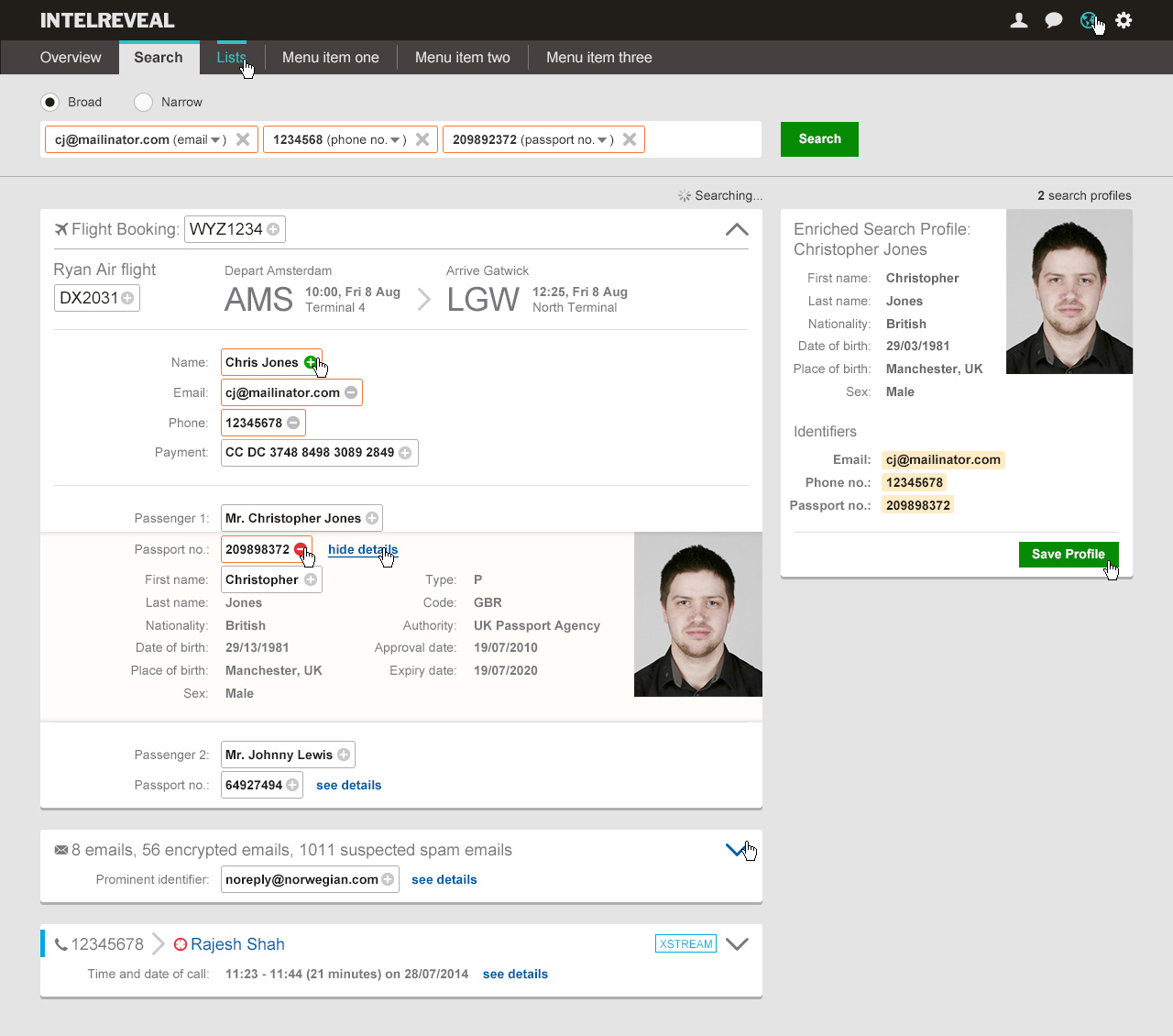 IntelReveal - IntelReveal search results and mapping data page.