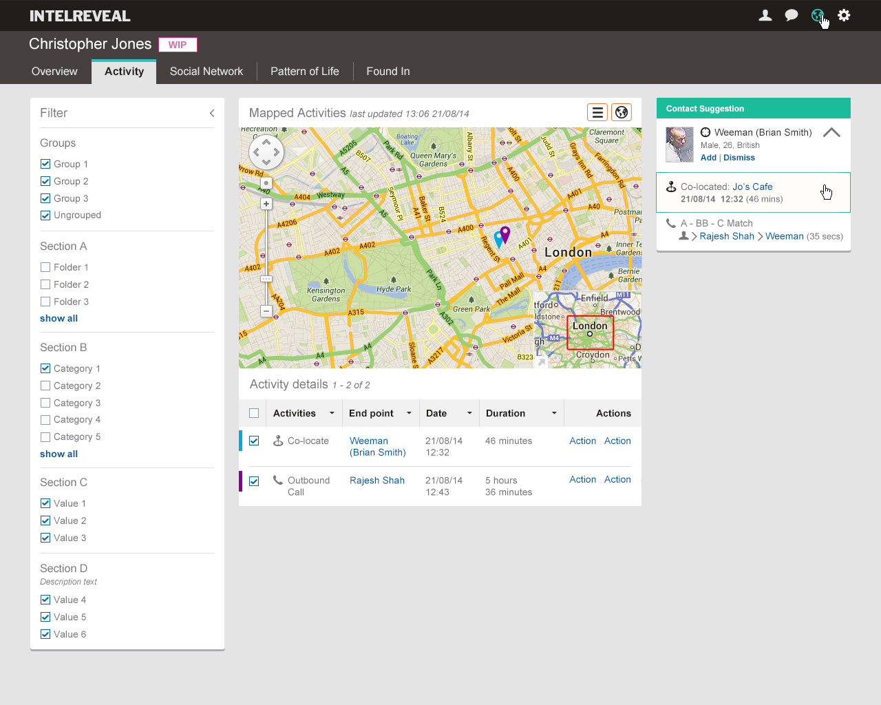 IntelReveal - Dashboard display 2 - filter contents on map and associated side panel